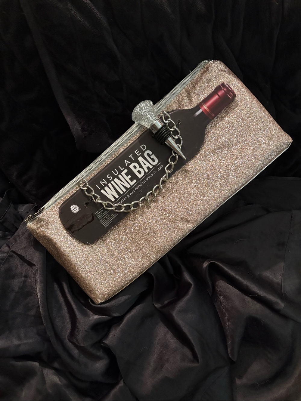 Glittery Insulated wine purse  with gold chain strap and matching wine stopper